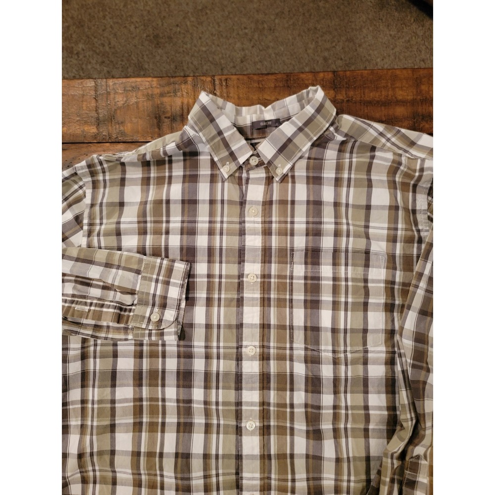 Eddie‎ Bauer Mens Large Classic Fit Plaid Button Down Shirt Brown Tan White